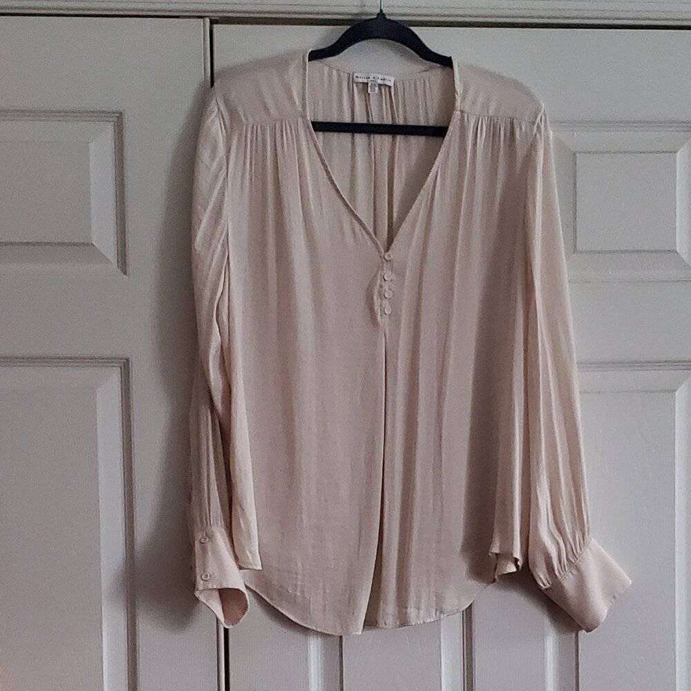 Silky Long Sleeve V Neck Blouse with Button Cuffs Popover Top